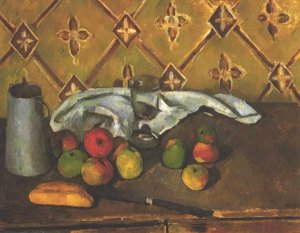 Still life with apples, servettes and a milkcan