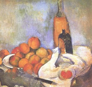 Still life with bottles and apples