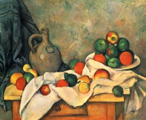 Still life, drapery, jug and fruits