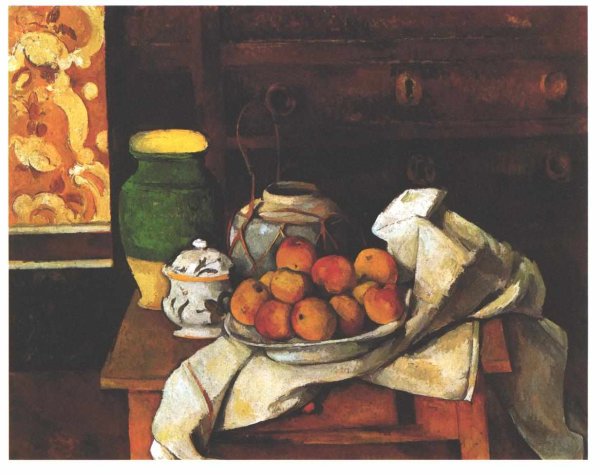 Vessels Fruit And Cloth In Front Of A Chest